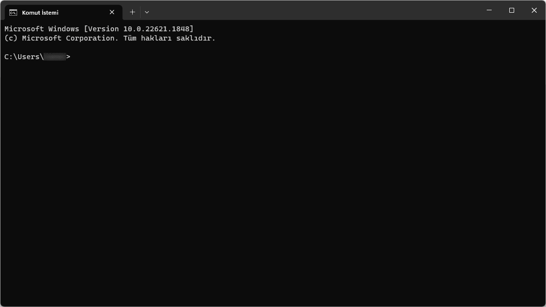 Windows 11 Command Prompt open in Terminal, with Turkish interface text and the username obscured.