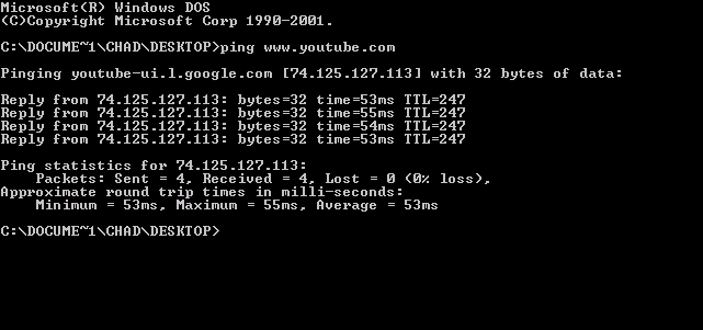Legacy Windows ping output for a public hostname with timed replies and zero packet loss.