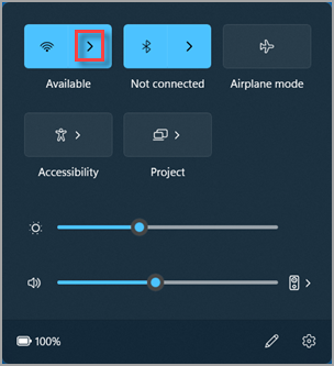 Microsoft Windows 11 Quick Settings with Wi-Fi on, Airplane mode off, and the Manage Wi-Fi connections arrow highlighted by Microsoft.